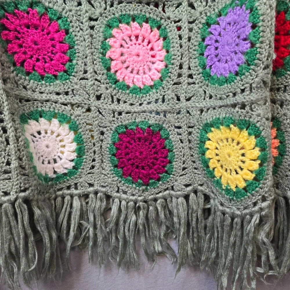 Vintage 1970s Handmade Crochet Granny Square Afghan Green Fringe Super Soft Boho